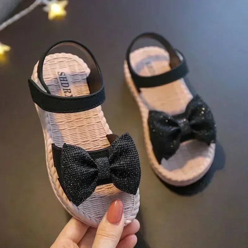 Color: SKY BLUE, Shoe Size: 2.5 - Girls Sandals 2024 Summer Princess Children Sandals Bow Tie Girl Shoes Fashion Casual Non Slip Kids Beach Shoes