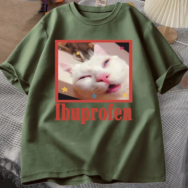 Color: Blue, Size: XL - Ibuprofen Cat Meme Tshirt Funny Cat Graphic Tee Cute Cat Lover Cotton T-Shirt Casual Funny T Shirts Unisex Oversized Tshirt Tee