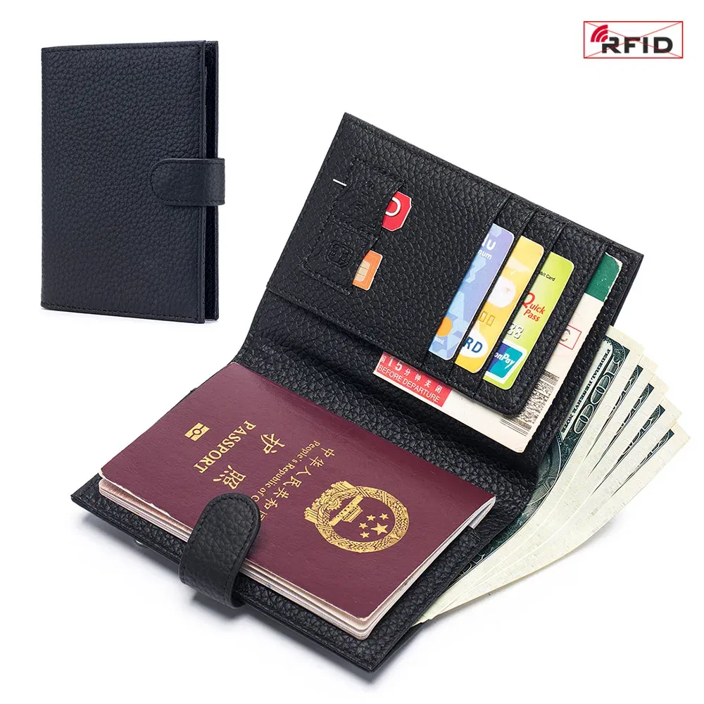 Color: black - Genuine Cow Leather Passport Holder Travel Wallet with Zipper Pocket Card Holder RFID Blocking Bifold Wallet for Men and Women