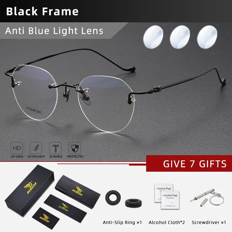 Frame Color: PURPLE, Eye Prescription: +125 - BLMUSA Pure Titanium Rimless Anti-blue Light Reading Glasses for Men Round Photochromic Optical Prescription with MR-8 lens