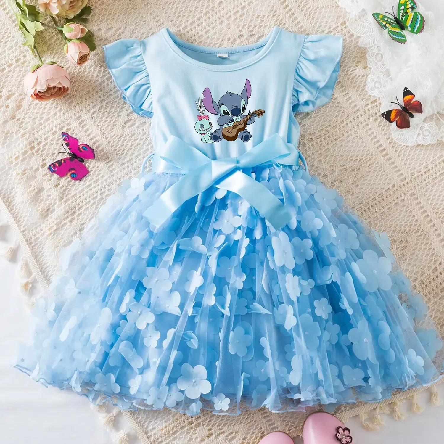 Color: Navy Blue, Size: XL - 3D Butterfly Cute Lilo Stitch Summer Dress for Kid's Casual Clothes Baby Girls Beautiful Princess Dress Party Dresses 2-6 Yrs