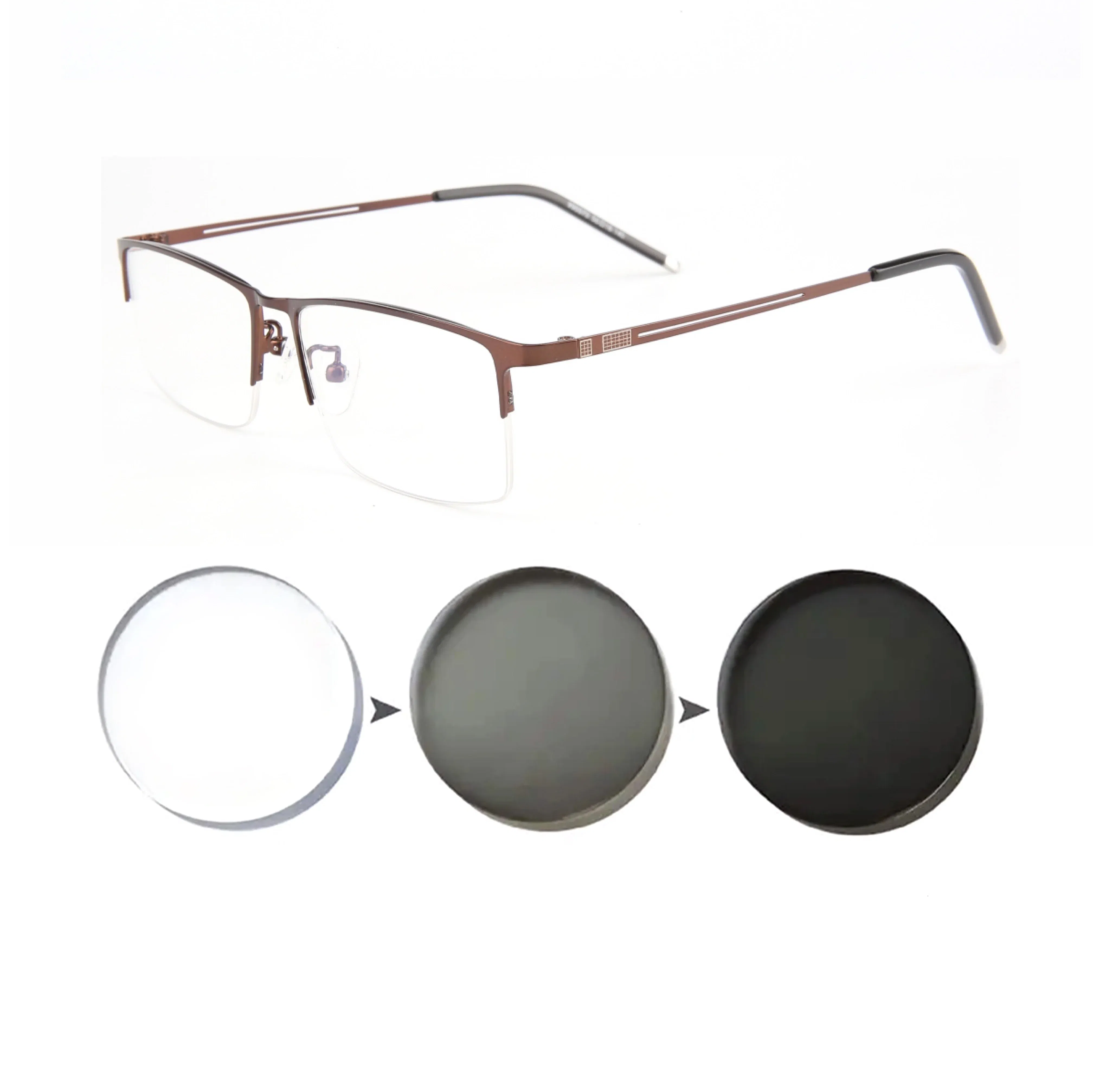 Frame Color: Red, Eye Prescription: +200 - Sun Photochromic Finished Myopia Glasses Women Men Metal Half Frame Chameleon Short-sight Eyewear0 -0.5 -0.75 -1.0 To -6.0