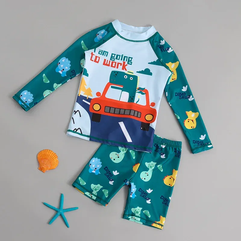 Color: GRAY, Kid Size: 3M - Children Swimsuit Kids Boys Girls Swimwear Children Surfing Wear Sunscreen Quick Dry Swimwear Car Cartoon Swimsuit Beach Wear
