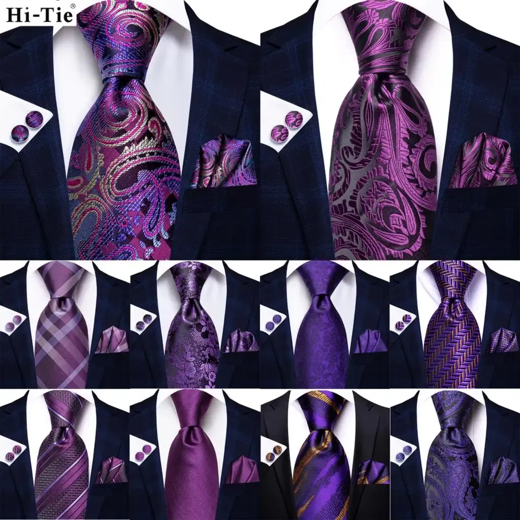 Color: Beige - Hi-Tie Purple Paisley Silk Elegent Tie for Men Novelty Design Handky cufflink Tie Set Party Business Wedding Dropshipping