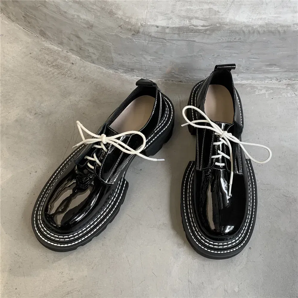 Color: Beige, Shoe Size: 3 - MILI-MIYA New Arrival Thick Heels Women Cow Patent Leather Pumps Lace Up Round Toe Fashion Street Casual Shoes Size 34-42