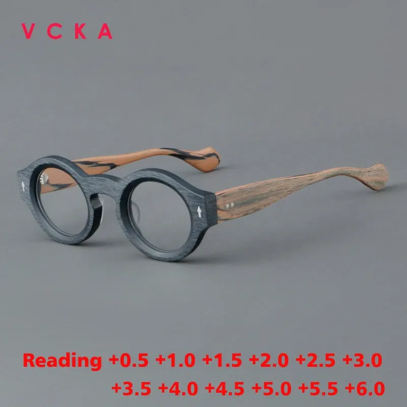 Frame Color: Khaki, Eye Prescription: +50 - VCKA Round Acetate Reading Glasses Frame Retro Men Prescription Anti-blue discolor Women Custom Optics Retro Eyewear +0.50to +10