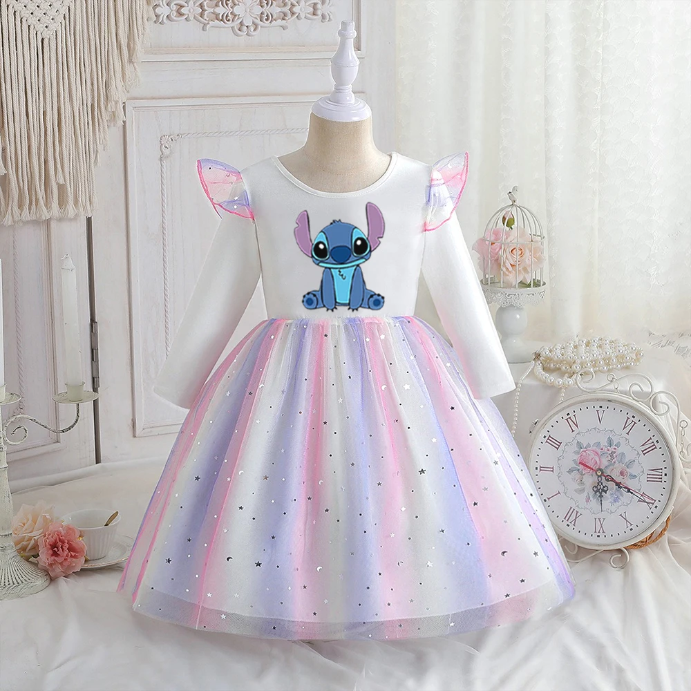 Color: Dark Grey, Kid Size: 6 - Stitch Princess Dress Autumn New Disney Baby Girls Dress Spring Autumn Long-sleeved For Children Kids Clothes Birthday Party