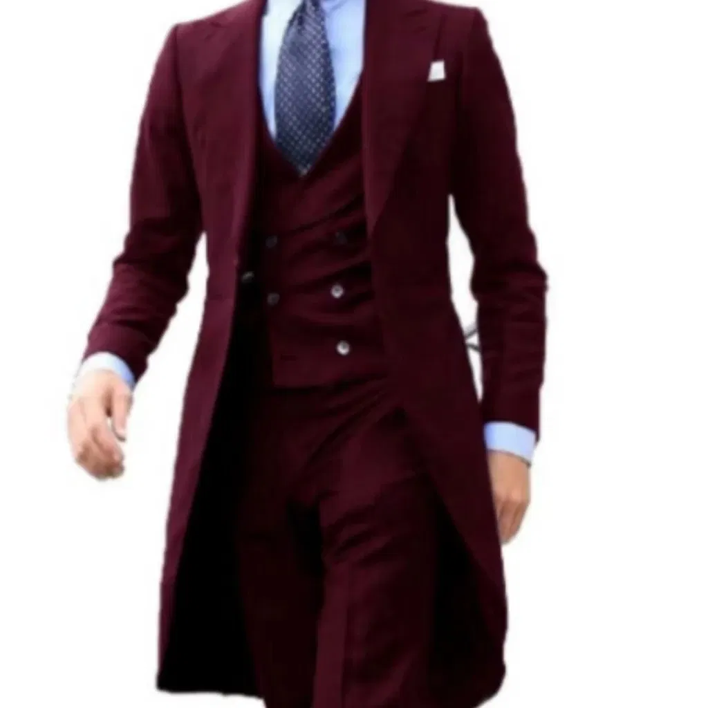 Color: Red, Size: XL - Elegant man suit Slim Fit Suit Luxury Formal Tuxedos Wedding 3 Pieces Blazer Vest Pants Set Long Tail Coat One Button Custom