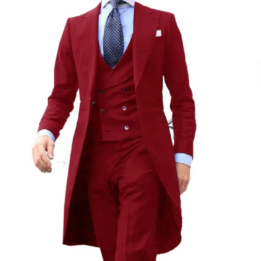 Color: Red, Size: XL - Elegant man suit Slim Fit Suit Luxury Formal Tuxedos Wedding 3 Pieces Blazer Vest Pants Set Long Tail Coat One Button Custom