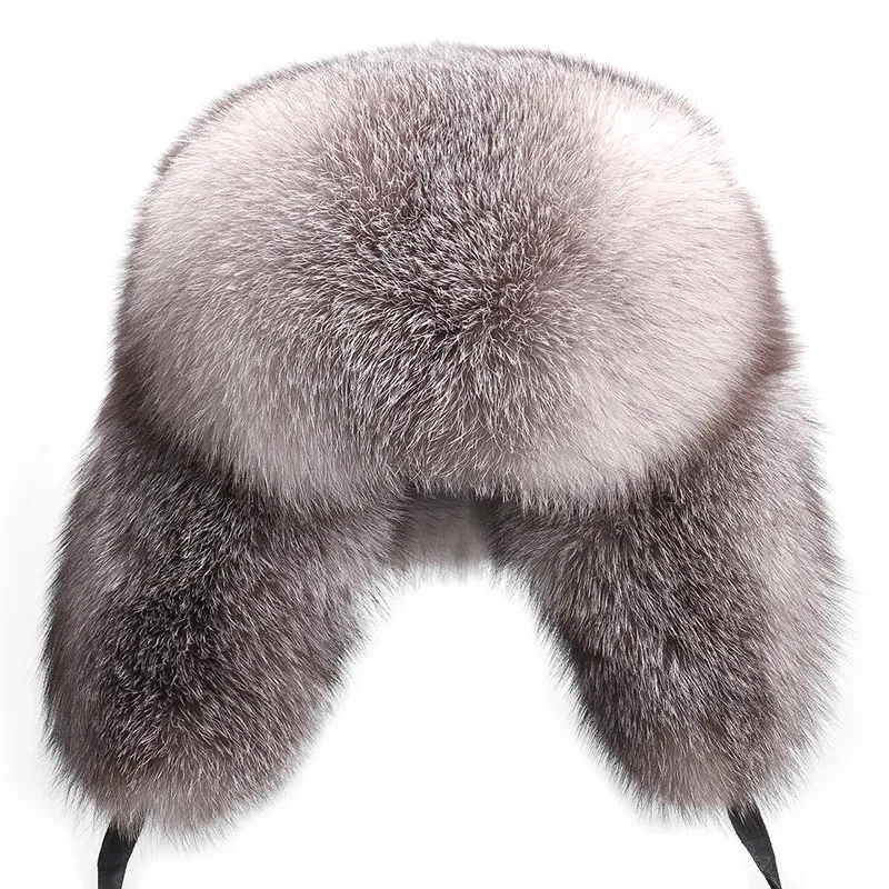 Color: PURPLE, Hat Size: 55 - 2025 Winter 100% Real Silver Fox Fur Bomber Hat Raccoon Fur Ushanka Cap Trapper Russian Men's Ski Hats Caps