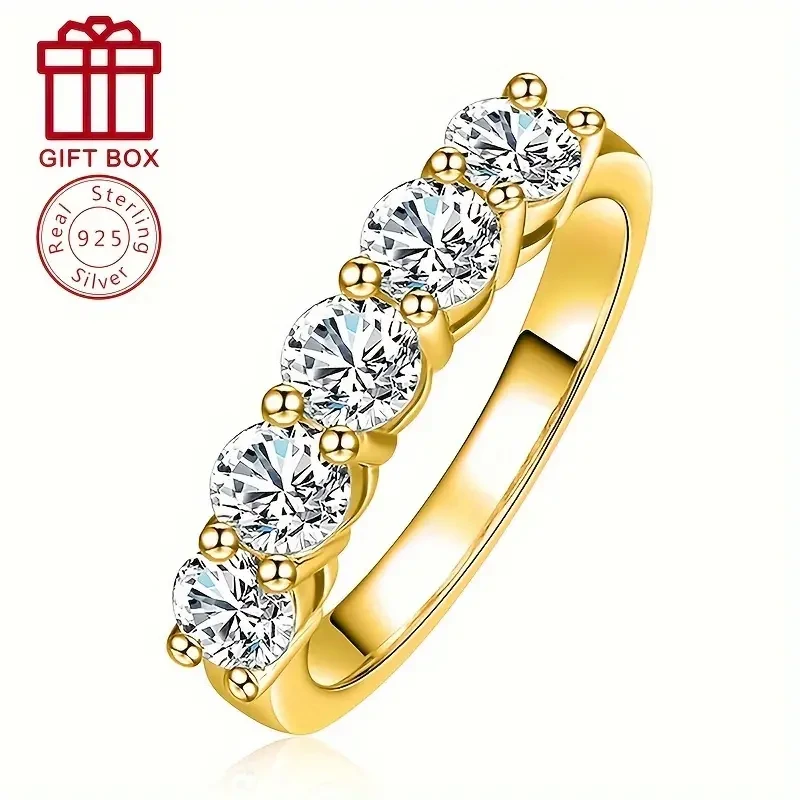 Luxury 14K Golden Plated 925 Silver Moissanite Anniversary Ring, 1.5CT Total Weight, Fashionable Eternal Promise Engagement Band for Women, Suitable for Daily Wear and Special Occasions