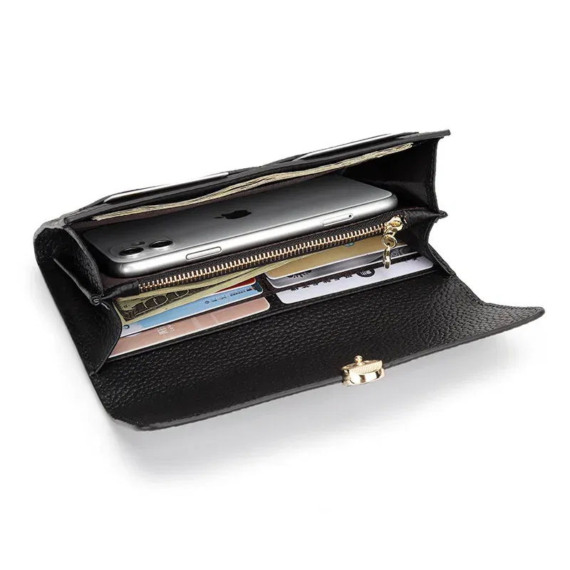 Color: Brown - Women's Wallet 2025 New Full Leather Long Wallet Cross-border First Layer Cowhide Women's Long Clip Leather Clutch Pouch