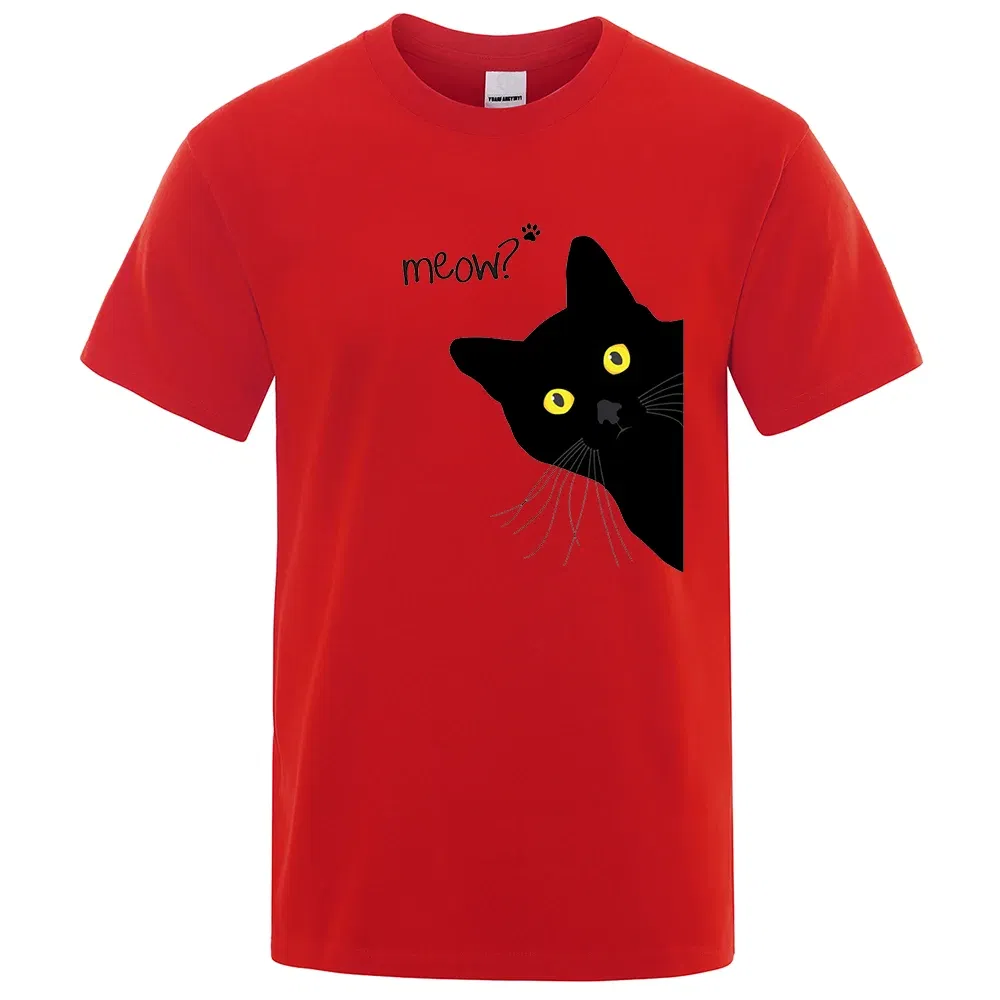 Color: green, Size: XXL - Meow Black Cat Funny Printing Men T-Shirts Breathable Tee Clothes Summer Streetwear Tops Oversized Loose Cotton Short Sleeve