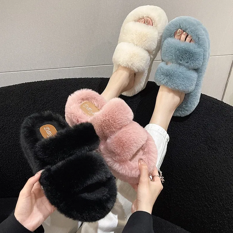 Color: SKY BLUE, Shoe Size: 36 - New Winter Open Toe Slipper Fur Thick Sole Flats Heel Ladies Casual Slip On Bedroom Shoes Soft Outdoor Fashion Fur Slippers