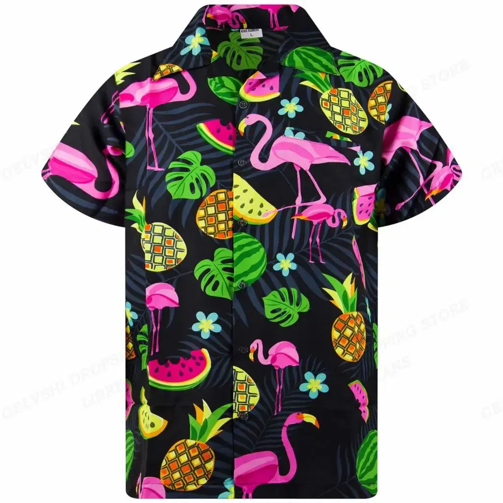 Color: Yellow, Size: XXL - Flamingo Hawaiian Shirts Beach Summer Men's Shirt Tropic Leaf 3D Print Shirts Men Women Fashion Blouse Short Sleeve Vocation