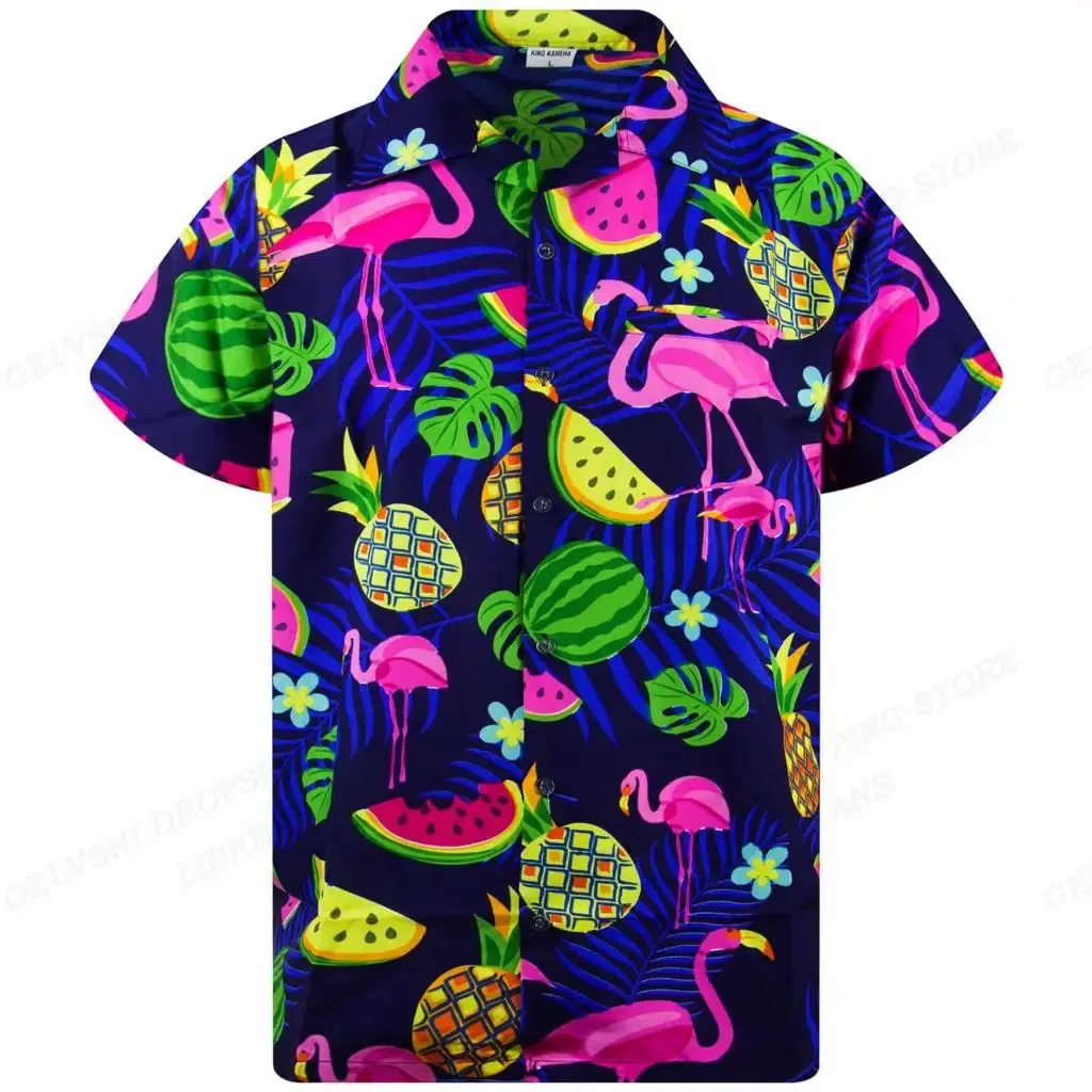 Color: Yellow, Size: XXL - Flamingo Hawaiian Shirts Beach Summer Men's Shirt Tropic Leaf 3D Print Shirts Men Women Fashion Blouse Short Sleeve Vocation