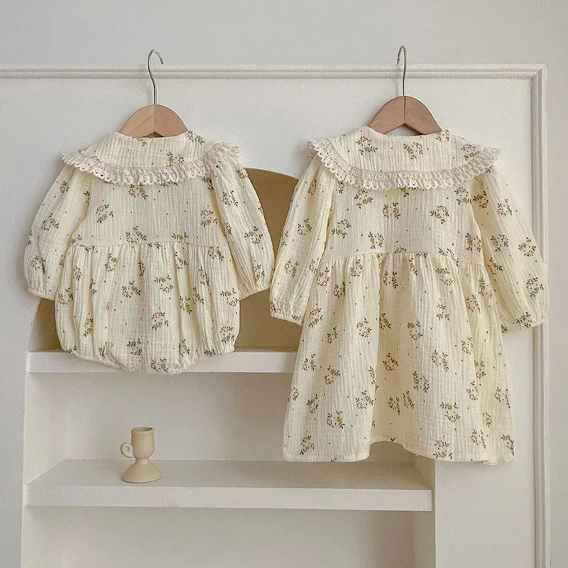 Color: PURPLE, Size: XS - Spring Baby Girls Long Sleeve Sweet Sisters Flower Print Dress Autumn Infant Rompers Kids Baby Girls Princess Clothes Rompers