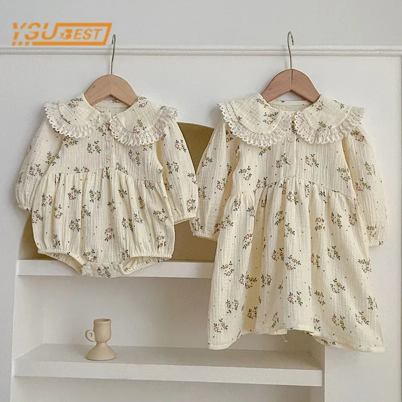 Color: PURPLE, Size: XS - Spring Baby Girls Long Sleeve Sweet Sisters Flower Print Dress Autumn Infant Rompers Kids Baby Girls Princess Clothes Rompers