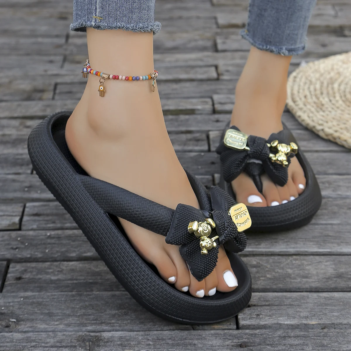 Color: Grass-Green, Shoe Size: 42-43 - Summer Multi Color Women's Flip Flops Fashionable Metallic Teddy Bear Bow Slide Sandal Beach Vacation Home Versatile Footwear