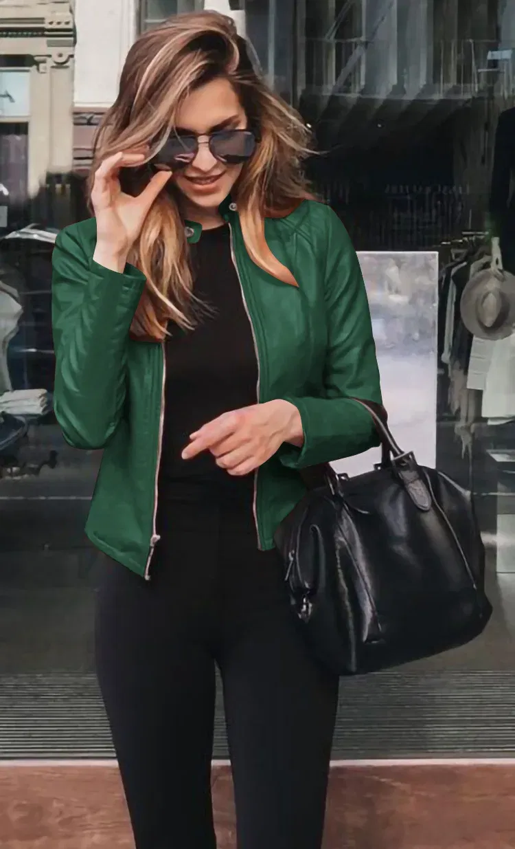 Color: green, Size: S - Womens Spring Full Long Sleeve Jacket Coat Autumn Leather Blazer Winter Zipper Outwear Suit Cardigan Female Jackets