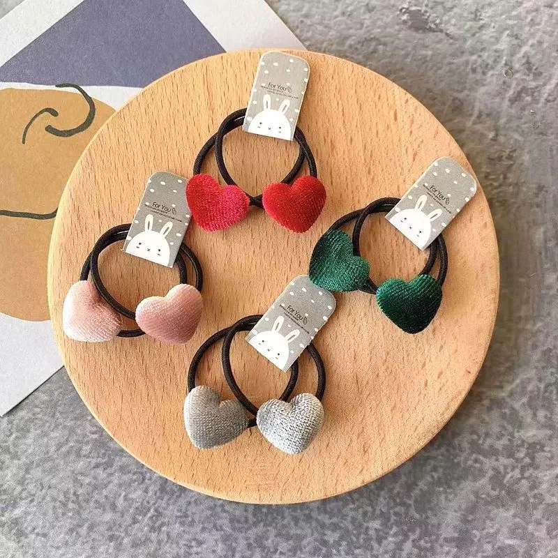 Color: black - 2pcs Velvet Heart Plaid Star Button Elastic Hair Bands Rubber Hair Rope Tie Girls Hair Scrunchie Ponytail Holder Gum Accessories