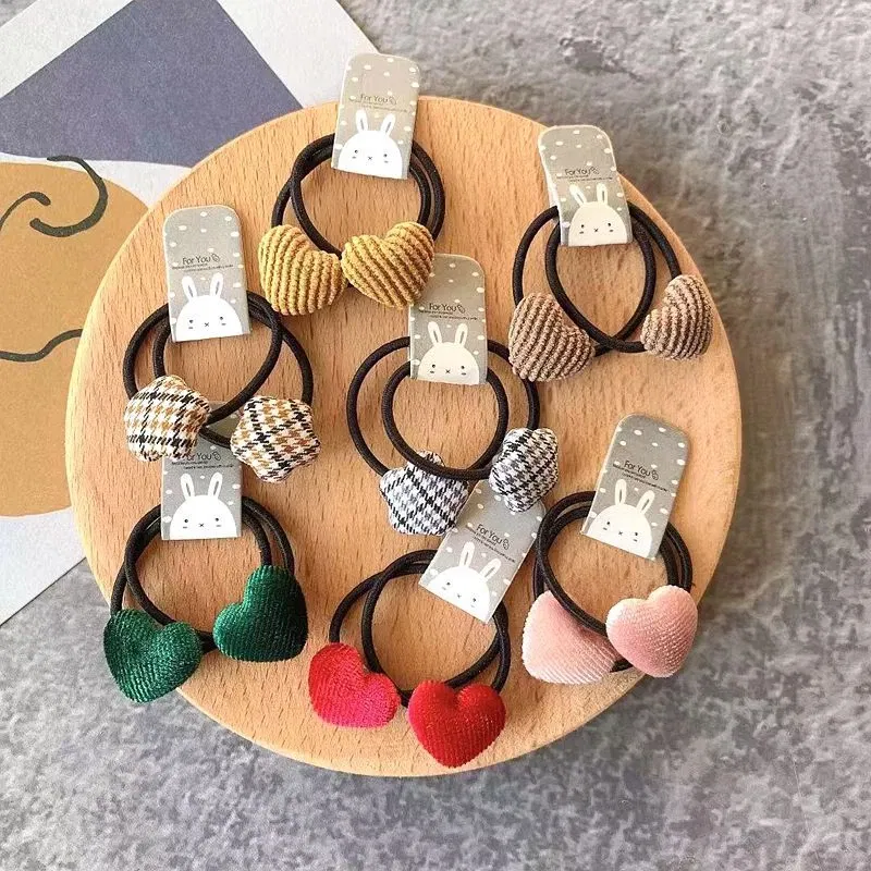 Color: black - 2pcs Velvet Heart Plaid Star Button Elastic Hair Bands Rubber Hair Rope Tie Girls Hair Scrunchie Ponytail Holder Gum Accessories