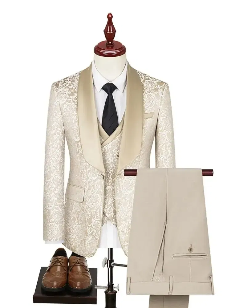 Color: Beige, Size: M - New fashion jacquard beige suit slim single breasted elegant formal best man suit