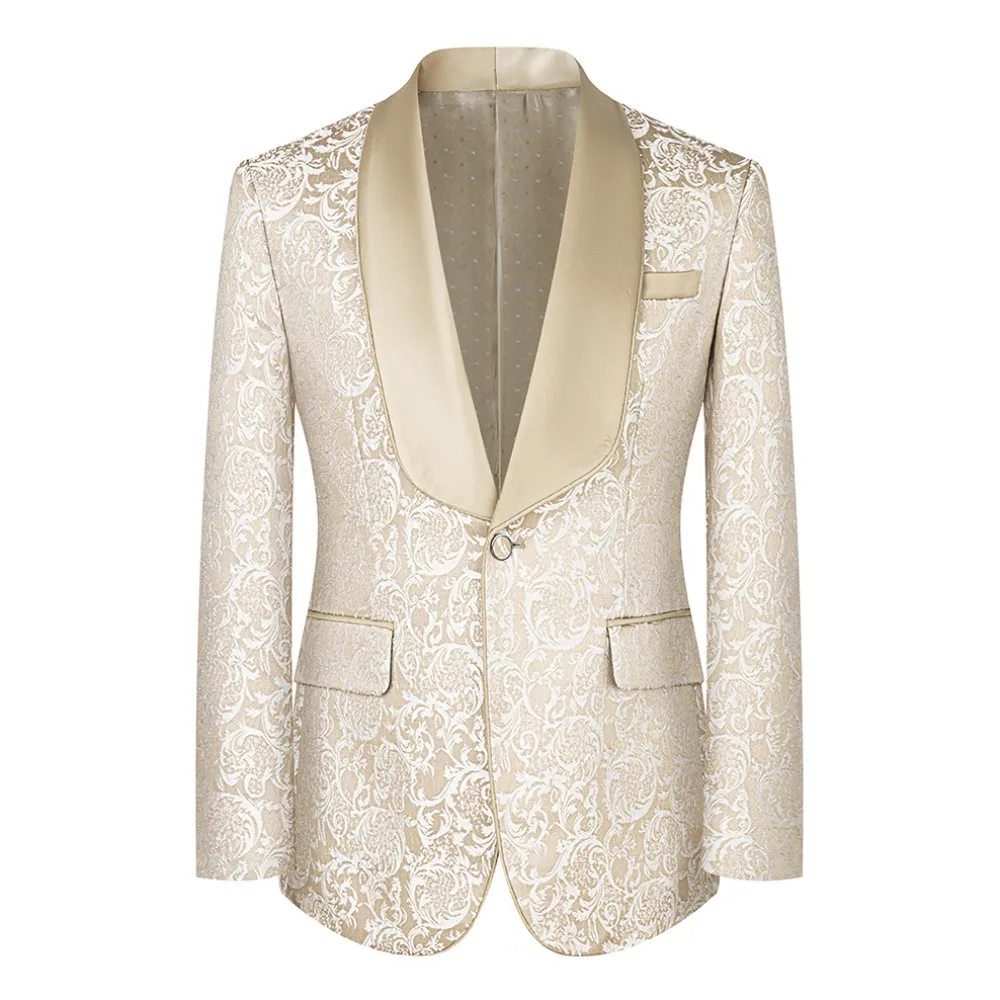 Color: Beige, Size: M - New fashion jacquard beige suit slim single breasted elegant formal best man suit