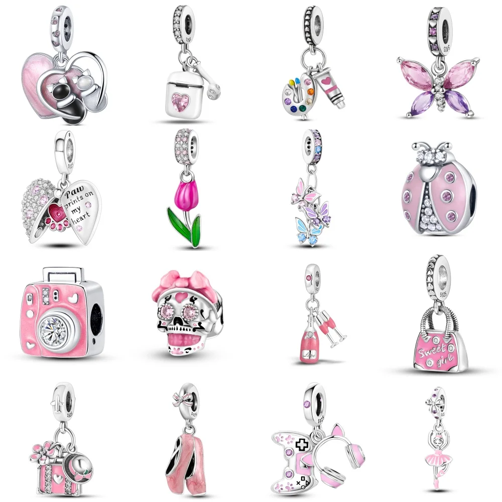 Color: Pink - 925 Sterling Silver Pink Series Charms Love-Heart Cute Animals Beads Fit Pandora Original Bracelets Girl Jewelry Gifts Accessory