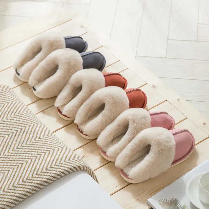 Color: Dark Grey, Shoe Size: 44 - Women's Faux Fur Slippers 2024 New Warm Thicked Plush Bedroom Sandals Woman Comfort Soft Sole Home Couple Winter Shoes Slides
