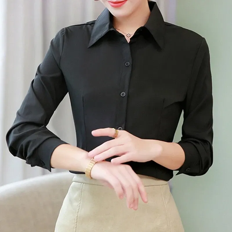 Color: SKY BLUE, Size: M - Elegant Women Shirts Woman White Shirt Long Sleeve Blouse Office Lady business Pink Shirts Button Solid Women work Blouses Tops