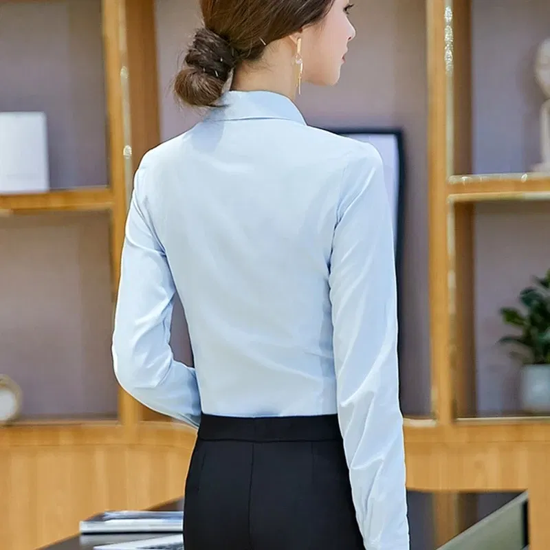 Color: SKY BLUE, Size: M - Elegant Women Shirts Woman White Shirt Long Sleeve Blouse Office Lady business Pink Shirts Button Solid Women work Blouses Tops
