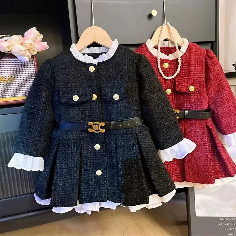 Color: Beige, Kid Size: 4T - 2025 Fall Winter Girls' Fleece-Lined Dress Plush Cotton Padded Party Dress Chic Tweed A-Line Outfit Warm Elegant Toddler Gown
