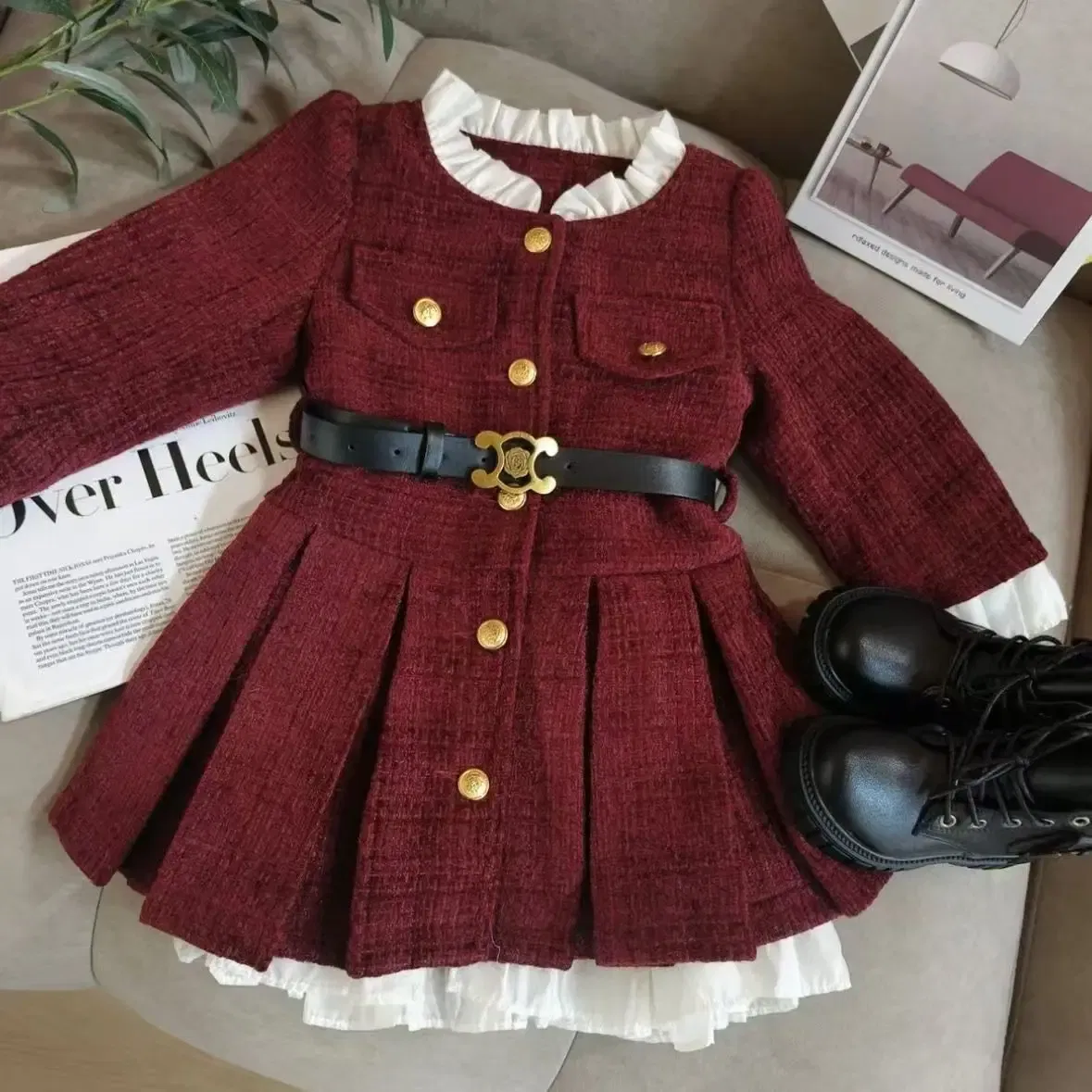 Color: Beige, Kid Size: 4T - 2025 Fall Winter Girls' Fleece-Lined Dress Plush Cotton Padded Party Dress Chic Tweed A-Line Outfit Warm Elegant Toddler Gown