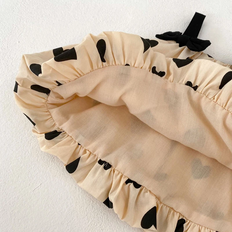 Color: Khaki, Kid Size: 12M - Summer 2PCS Heart Print Cotton Baby Girls Suits Sleeveless Bow Double Layer Apricot Strap Top Toddler Shorts Set, Versatile