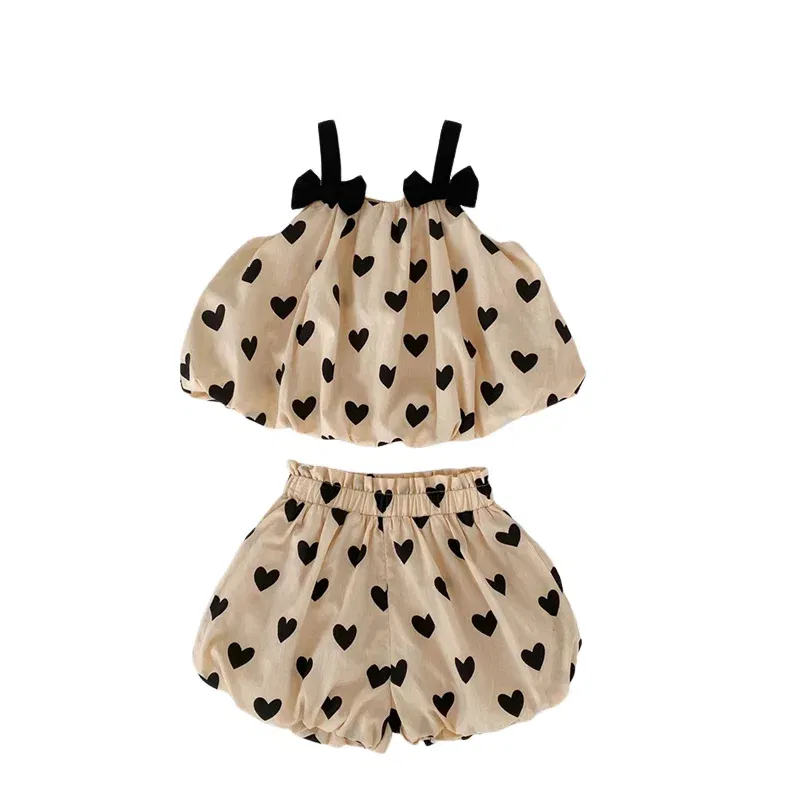 Color: Khaki, Kid Size: 12M - Summer 2PCS Heart Print Cotton Baby Girls Suits Sleeveless Bow Double Layer Apricot Strap Top Toddler Shorts Set, Versatile
