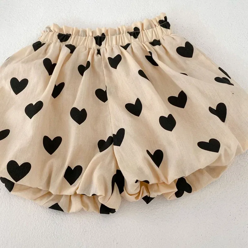 Color: Khaki, Kid Size: 12M - Summer 2PCS Heart Print Cotton Baby Girls Suits Sleeveless Bow Double Layer Apricot Strap Top Toddler Shorts Set, Versatile