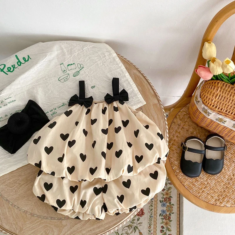 Color: Khaki, Kid Size: 12M - Summer 2PCS Heart Print Cotton Baby Girls Suits Sleeveless Bow Double Layer Apricot Strap Top Toddler Shorts Set, Versatile