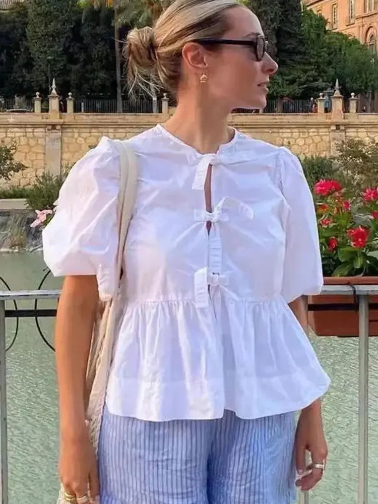 Color: WHITE, Size: M - HH Fashion Solid Hollow Out Shirt Women Causal O Neck Short Sleeved Lace Up Tops Chic Female Casual Blouse Streetwear 2024