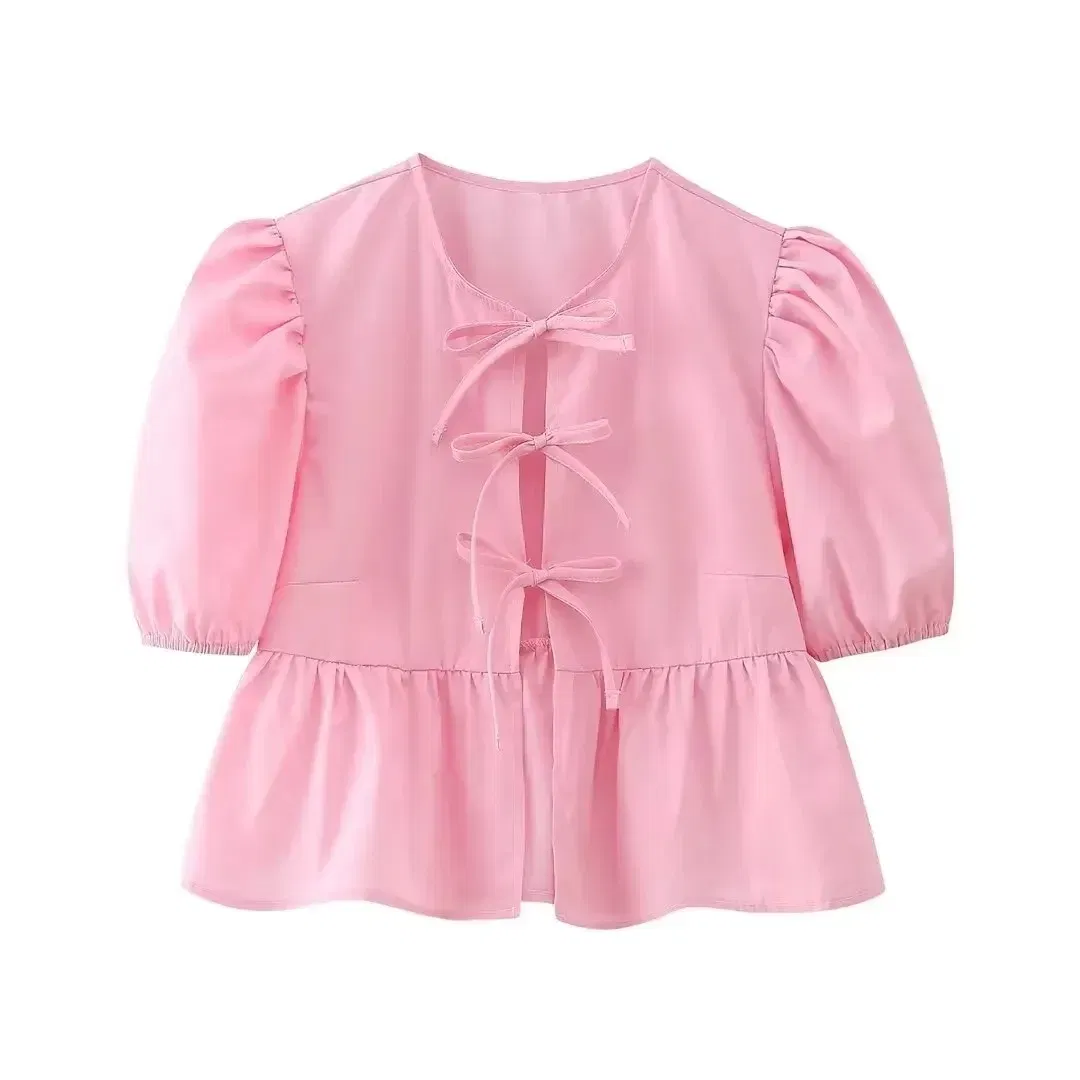 Color: WHITE, Size: M - HH Fashion Solid Hollow Out Shirt Women Causal O Neck Short Sleeved Lace Up Tops Chic Female Casual Blouse Streetwear 2024