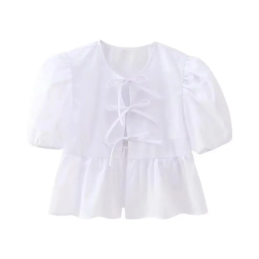 Color: WHITE, Size: M - HH Fashion Solid Hollow Out Shirt Women Causal O Neck Short Sleeved Lace Up Tops Chic Female Casual Blouse Streetwear 2024