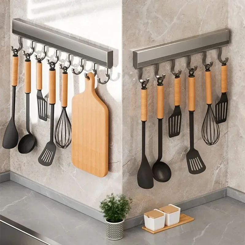 Color: light yellow - Wall Mounted Hooks Rack Punch Free Kitchen Utensils Storage Row Hook Holder Bathroom Towel Robe Coat Hangers Multi-Purpose Hooks