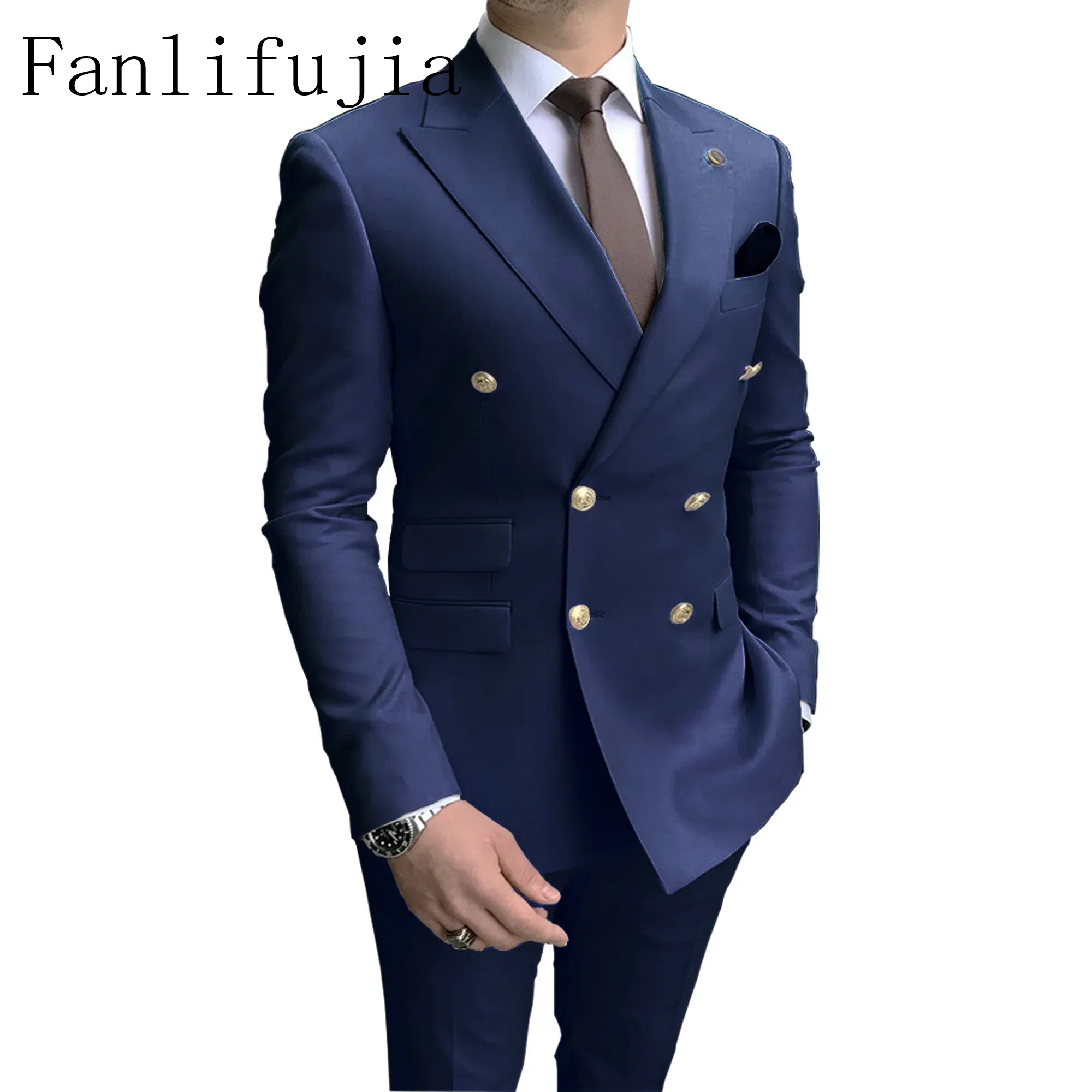 Color: Navy Blue, Size: 4XL - Fanlifujia Store 2024 Casual Sky Blue Men Suits Double Brested Peak Lapel Gold Button Groom Wedding Tuxedos Best Costume Homme