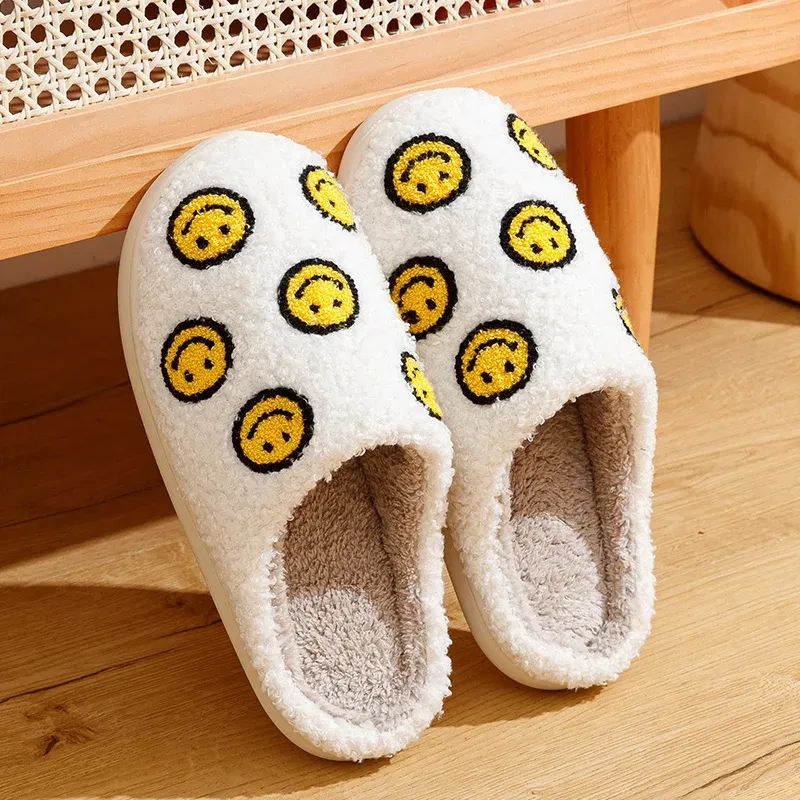 Color: light yellow, Shoe Size: 3.5 - Little Cute Smile Women Slippers Houseshoes House Smile Face Ladies Indoor Winter Fluffy Cozy Home Comfy Shoes