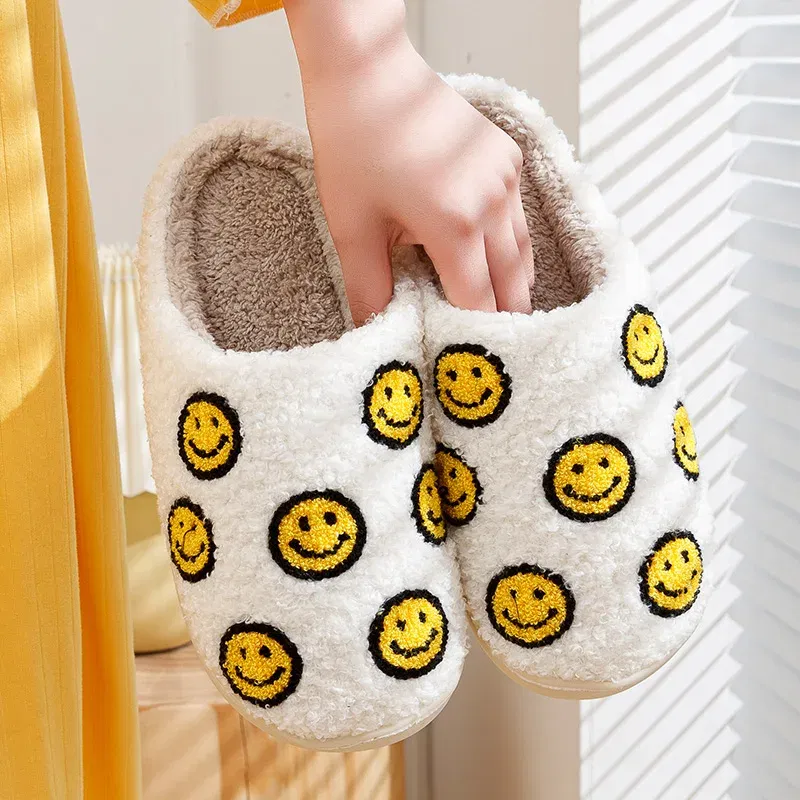 Color: light yellow, Shoe Size: 3.5 - Little Cute Smile Women Slippers Houseshoes House Smile Face Ladies Indoor Winter Fluffy Cozy Home Comfy Shoes