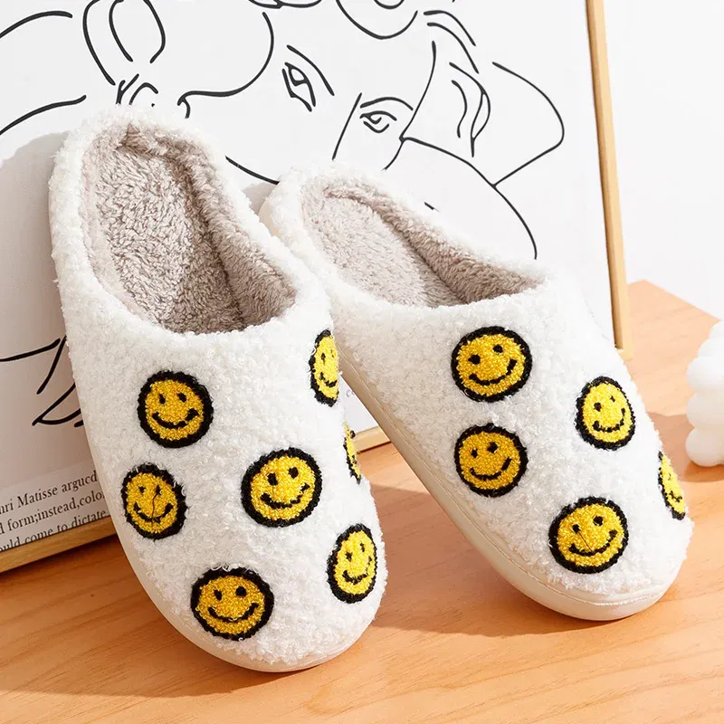 Color: light yellow, Shoe Size: 3.5 - Little Cute Smile Women Slippers Houseshoes House Smile Face Ladies Indoor Winter Fluffy Cozy Home Comfy Shoes