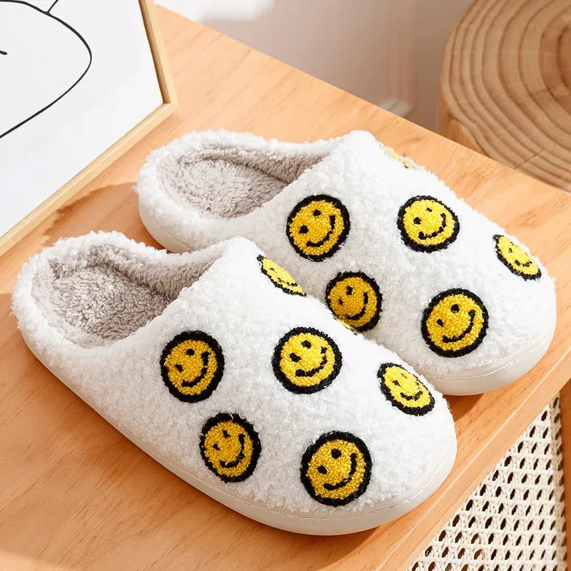 Color: light yellow, Shoe Size: 3.5 - Little Cute Smile Women Slippers Houseshoes House Smile Face Ladies Indoor Winter Fluffy Cozy Home Comfy Shoes