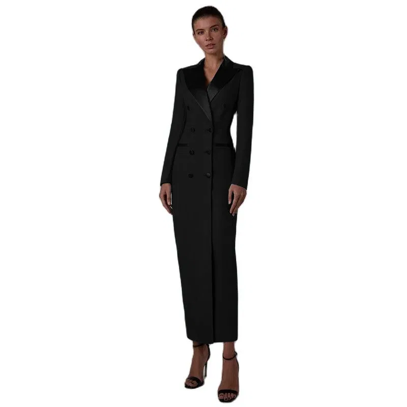 Color: Dark Grey, Size: M - Women's Suit Long Jacket One Piece Blazer Double Breasted Formal Tuxedo Party Dress кос?‚юм ?¶?µнский