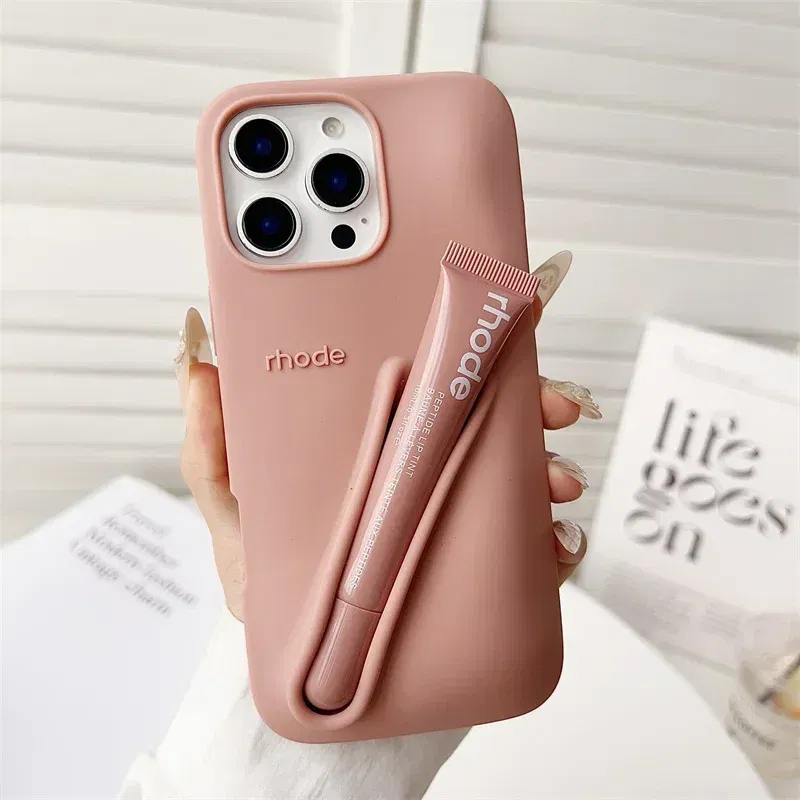 Color: Dark Grey, Bundle: Bundle1, Material: Leather - Phone Case For iPhone 12 13 14 15 16 Pro Max Plus 17 Air Portable Lip Gloss Holder Lipstick Silicone Soft Bumper Cover Lip Glaze
