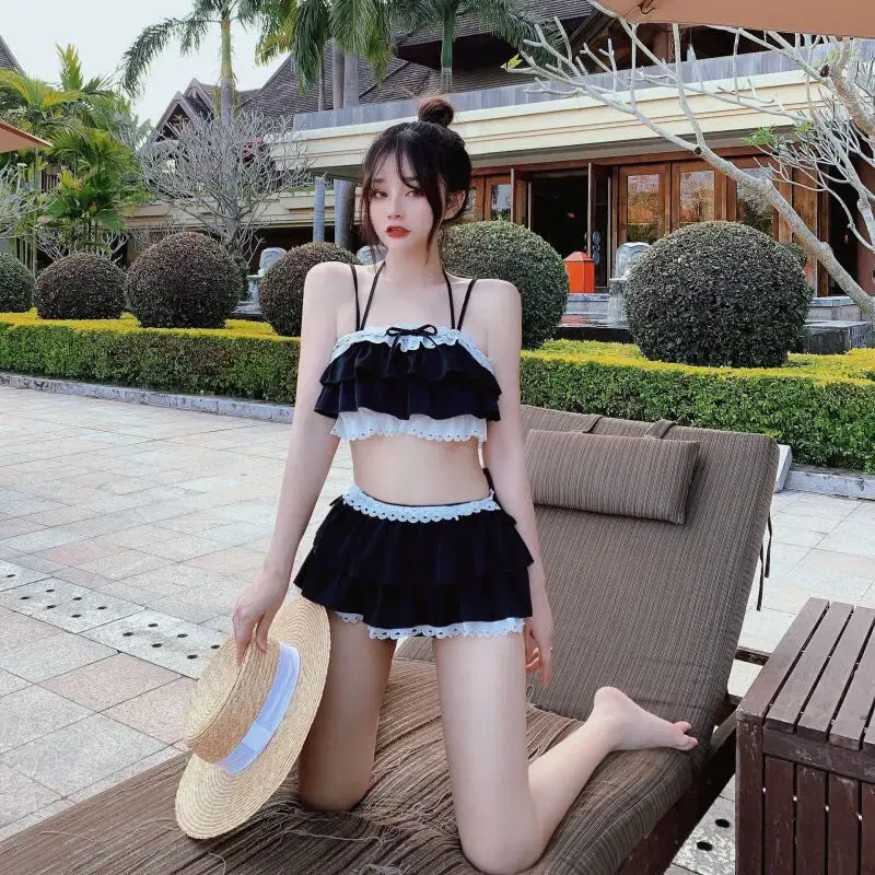 Color: Pink, Size: L - Bikini Sets Women Kawaii Girlish Design Tender Teens Slim Chic Beach Simple Feminino Daily Ruffles Japan Style Cool Sexy